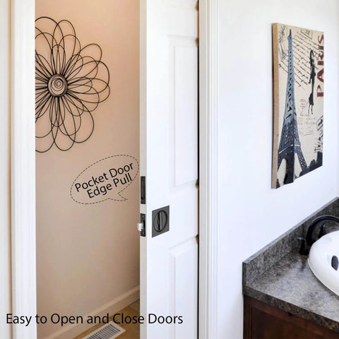 Pocket Door Privacy Lock And Pull In Matte Black Stainless Steel 304 With Two And Three Eighths Backset For Bedroom Or Bath Flush Door Handles Privacy Latch Emergency Unlock Feature Sliding Barn Hardware shown on a white door
