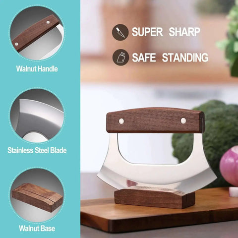Go To Ulu Knife Rocker with stand, 6.5-inch stainless steel blade, walnut wood handle, shown with walnut base, ideal for kitchen use.