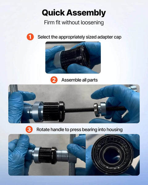 Steps for using Bicycle Bearing Press Kit For Wheel And Hub Installation with bushings and wrenches, shown with gloved hands