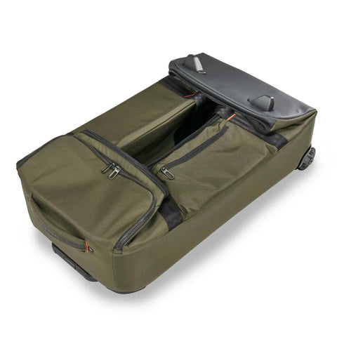 Interior view of Do It All 27 Inch Medium Upright Duffle With Wheels Softside Checked Luggage Hunter ZDX Collection showing compartments.