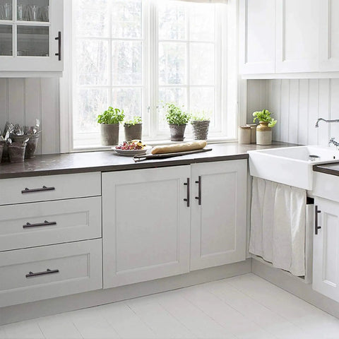 White kitchen with 30 Pack Solid Stainless Steel Cabinet Handles and Drawer Pulls With Oil Rubbed Bronze Finish 5.38 Inch Length