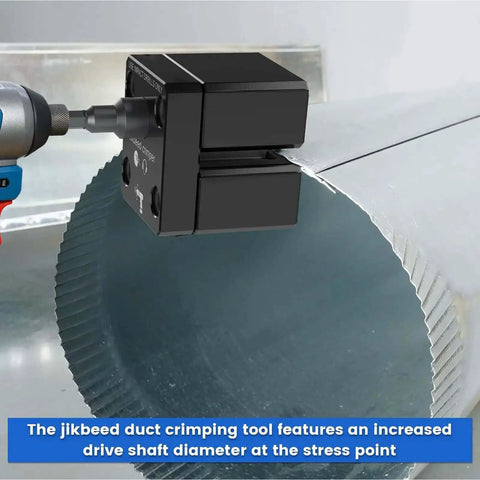 Power Assisted HVAC Crimp Tool for 30 to 24 GA round metal ducts, converting impact driver into duct seamer, side view in use