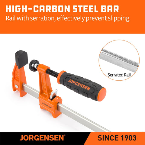 Jorgensen 24-inch steel bar clamp pair with serrated rail and orange/black handle, 600 lb load capacity