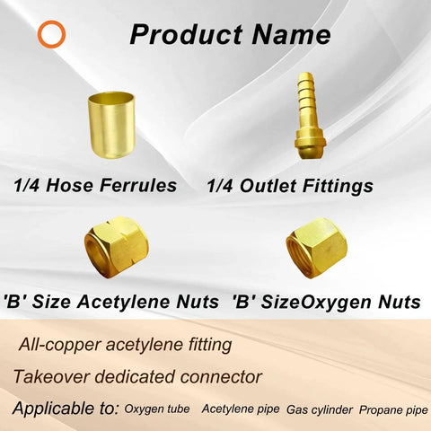 Quarter Inch Torch Hose Repair Kit For Oxygen And Acetylene With Brass Fittings showing ferrules, outlet fittings, and nuts.