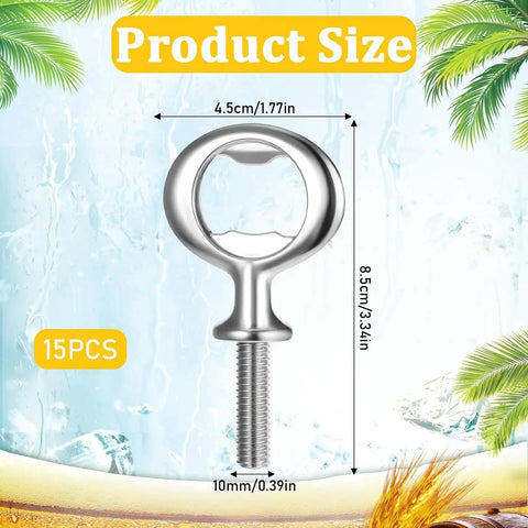 Bulk 15 Piece Metal Bottle Opener Kit With Zinc Alloy Inserts For DIY Wood Turning And Craft Projects, silver, with measurements.