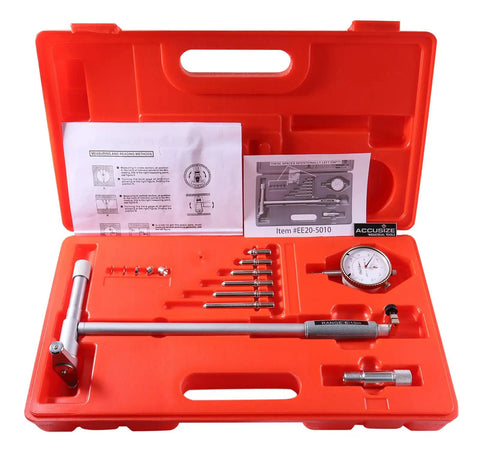 Dial Bore Gauge Set 6 To 10 Inches With 0.0005 Inch Graduations And 10 Inch Stem Length Model Ee20-5010 in red case with tools.
