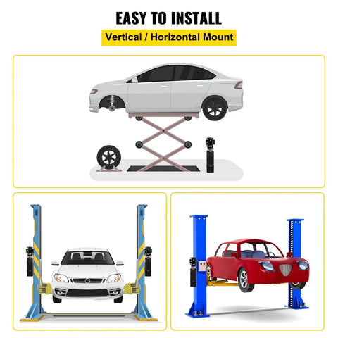Hydraulic Power Unit For Car Lifts With 220V AC Motor, 3 HP, 2750 PSI lifting vehicles, showcasing vertical and horizontal mounts.