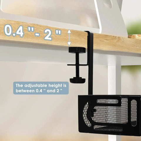 25 Inch Under Desk Cable Management Tray No Drill Clamp Heavy Duty Metal Cord Organizer for standing desk, clamp view showing 0.4 to 2 inch adjustment