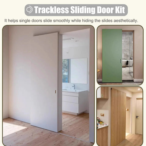 Ghost Door Sliding Track Kit With Concealed Trackless Barn System for Interiors, installed in modern minimalist room.