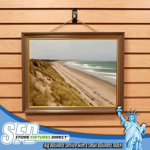Black Slatwall Notch Hook 5 Pack Metal Picture Hanger displaying beach photo in gallery on slatwall