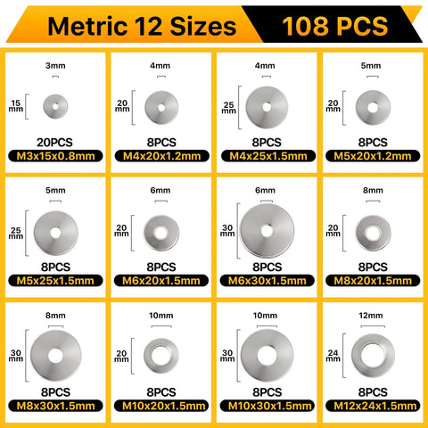 Nuepuxo 108pcs flat washers set, 304 stainless steel fender washers, 12 sizes from M3 to M12 for screws and bolts.