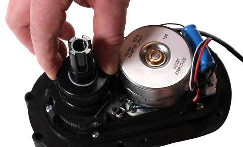 Close-up of 24V Compact Valve Actuator for Pool and Spa Automation, showing infinite cam adjustment with no tools needed.