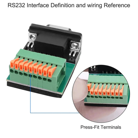DB9 Solderless RS232 To 9-Pin Port Spring Terminal Breakout Adapter showing tool-free spring crimp terminals and press-fit design for wiring.