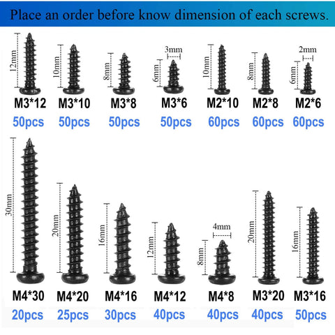 625 Piece Self Tapping Wood Screw Kit With 14 Sizes M2 M3 M4 Phillips Pan Head For Wood Plastic And Soft Metal Carbon Steel