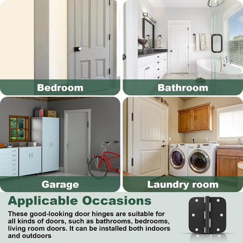 30 Pack Matte Black Door Hinges 3.5 by 3.5 Inch Five Eighth Inch Radius Interior Hinges installed in bedroom, bathroom, garage, laundry room.