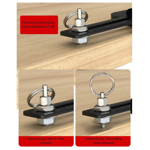 Close-up of 3 In 1 Dowel Jig Drill Kit With Self Centering Dowel Jig And Pocket Hole Locator on wood, showing adjustable features.