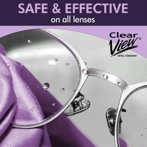 Eyeglasses with water droplets and cloth, featuring Clear View Screen And Lens Cleaner For Eyeglasses Laptops Smartphones 1 Gallon text