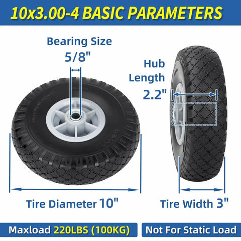 10x3.00-4 Flat Free Tire And Wheel Assembly For Carts And Trolleys, 10 Inch Diameter, 3 Inch Width, 5/8 Inch Axle Bore, 2.2 Inch Offset Hub