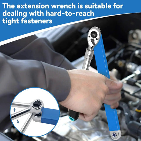 Blue 15-inch offset extension wrench for automotive use with 1/2, 1/4 and 3/8 square-drive adapters
