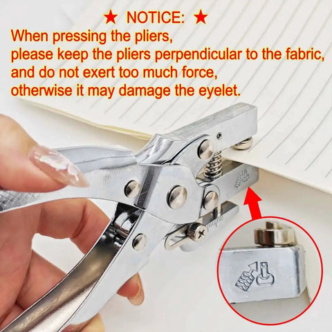Beefy Heavy Duty 5mm Hole Punch And Eyelet Riveting Pliers Set used on paper, close-up, showing use instructions, 200 silver rivets included