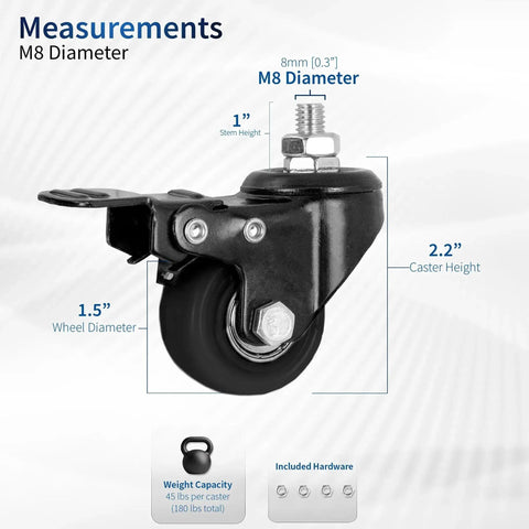One And A Half Inch Swivel Caster Wheels With Brakes For Standing Desks Carts And TV Stands M8 Threaded Mount Close-Up