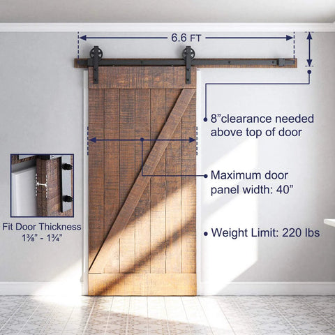 Beefed Up Heavy Duty Sliding Barn Door Hardware Kit Black Steel Track System installed on wood door, supports up to 220 lb, fits 36-40 in doors