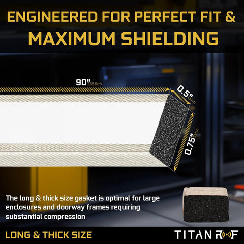 TitanRF Faraday foam gasket, 90 in long x 0.75 in wide x 0.5 in thick, adhesive-backed with conductive fabric for RF enclosures