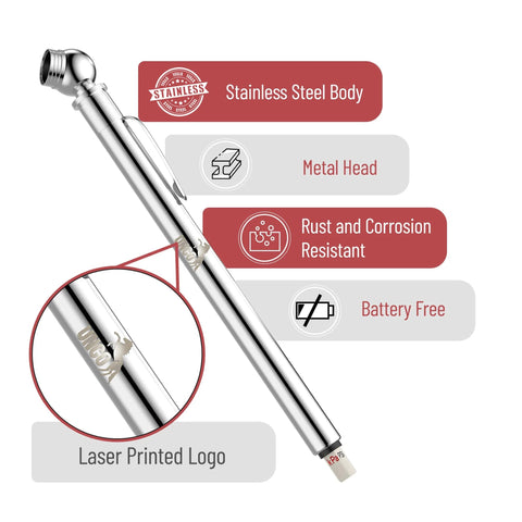 UNCO pencil tire gauge, 2-pack, stainless steel body with metal head, 10–75 PSI car tire air gauge