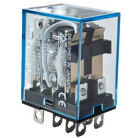 12V DC DPDT Power Relay with LED Indicator, Beefy 10A at 250VAC or 30VDC, 8 Pin Plug in Base Form C Contacts Ice Cube Housing