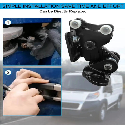 Heavy Duty Truck Door Hinge Roller Assembly With High Load Capacity Metal Construction For Durable Sliding Door Repair Prevents Misalignment Reduces Friction And Noise Delivers Smooth Open And Close Part 68271843AA shown in installation process