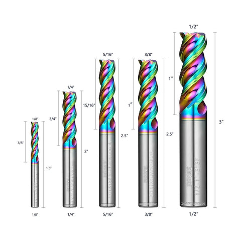 Pro Grade Carbide End Mills Set With DLC Coating For Aluminum And Composite Materials shown in various sizes