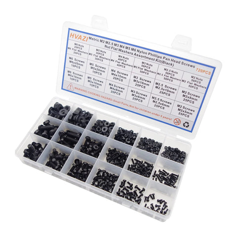 720 Piece Metric Nylon Phillips Pan Head Screws Hex Nuts Flat Washers Assortment Kit M2 Through M6 visible in case