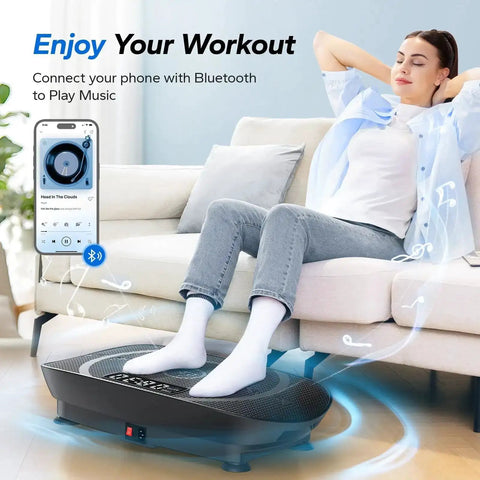 Woman using Vibration Plate Fitness Machine For Total Body Workout At Home With Auto Mode, Bluetooth Connect, Silicone Pedals.