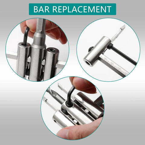 Adjustable Hole Saw Circle Cutter for Drywall Wood and Plaster, 1 3/16 to 11 3/4 Inches, bar replacement process shown