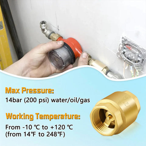 Boltigen solid brass spring check valve, 1-1/2 in NPT female, inline water valve being installed on a piping line.