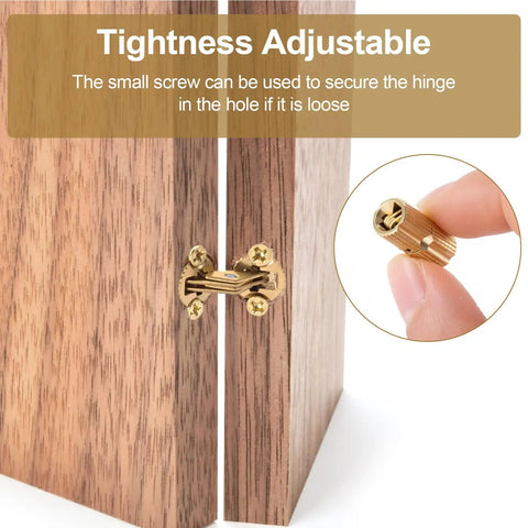 4 Pack Hidden Brass Barrel Hinges 8mm, 180 Degree Concealed Hinges In Gold installed on wooden case showing adjustability