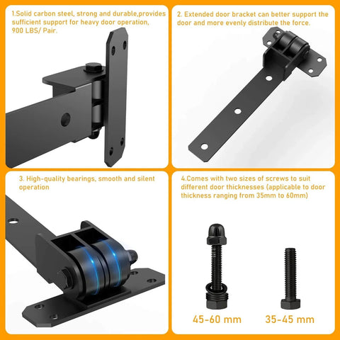 900 Lb Capacity Gate Hinge With Built In Ball Bearings, 13 Inch Matte Black, showing components and screws for installation.
