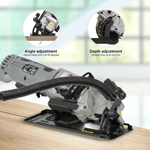 Powerful Corded Four Amp Circular Saw With Laser Guide And Bevel Cuts, 3500 RPM, Four And A Half Inch 24T TCT Blades on table