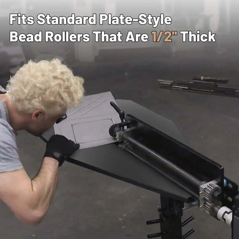 Worker using Heavy Duty Bead Roller Table With Sturdy Tube Frame For Metal Fabrication 36.25 Inch Long 19.5 Inch Wide At Widest 5 Inch Narrowest