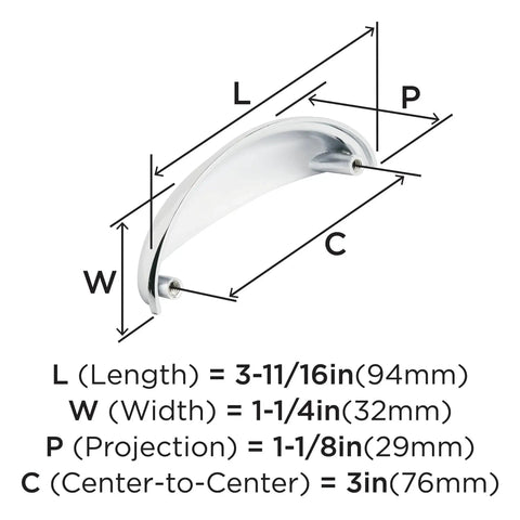 Dimensions diagram of Ravino Polished Chrome Cabinet Cup Pull 3 Inch Center To Center Drawer Handle For Cabinets And Furniture.
