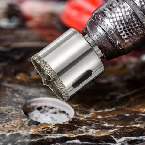 Diamond Drill Bit Hole Saw 16mm Core Cutter For Glass Tile Marble Porcelain Quartz Gemstone Aquariums With Center Guiding Bit Five Eighths Inch 10mm Shank 76.5mm Length Pro Grade close-up on marble surface