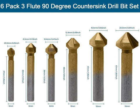 6 Pack 3 Flute 90 Degree Countersink Drill Bit Set Titanium HSS Chamfering Tool Kit showing 6 bits with different sizes