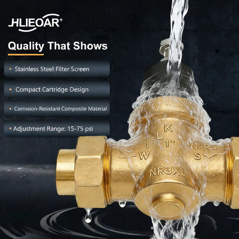 Brass 1-inch NR3XLDU water pressure reducing valve with double union FNPT connections, water flowing.