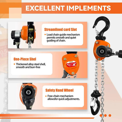 Manual Lever Chain Hoist 550 Lb 5 Ft Lift G80 Alloy Steel For Garage, orange housing and hook details
