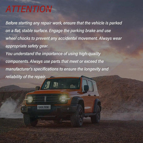 Orange SUV parked on dirt road at sunset with maintenance safety instructions overlayed on the image.