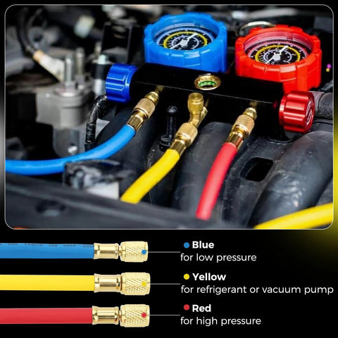 AC refrigerant hose set with 1/4 in flare fittings; blue low-pressure, yellow refrigerant or vacuum, red high-pressure (3 Pcs).
