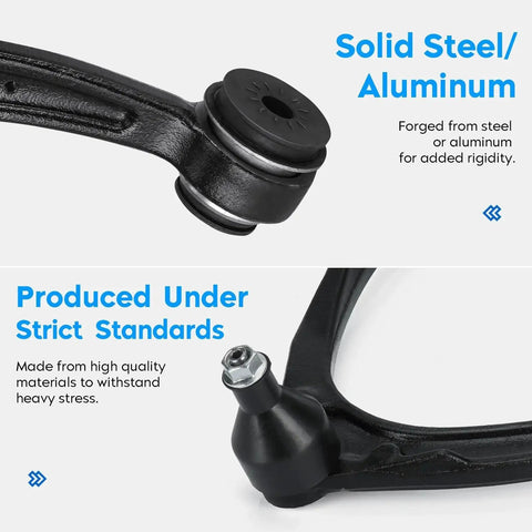 Close-up of Front Upper Passenger Side Control Arm With Beefed-Up Ball Joint Assembly K80670 with solid steel aluminum material