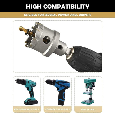 2 Inch TCT Hole Saw Kit With Tungsten Carbide Teeth And Titanium Plated Pilot Bit For Drilling Hard Metals Like Stainless Steel Aluminum Iron Plastic And Alloys Includes Hex Key Durable Anti Corrosion 51mm Hole Saw Set For Professionals shown with drill compatibility options.
