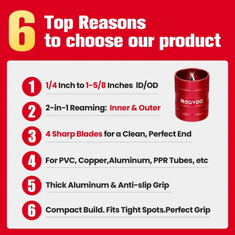 Deburring Tool For Pipe Chamfering And Deburring Reamer With Four Solid Cutting Edges Fits 1/4 Inch To 1-5/8 Inch Tubes For PVC Copper And Aluminum Pipes Red; features six benefits and product image.