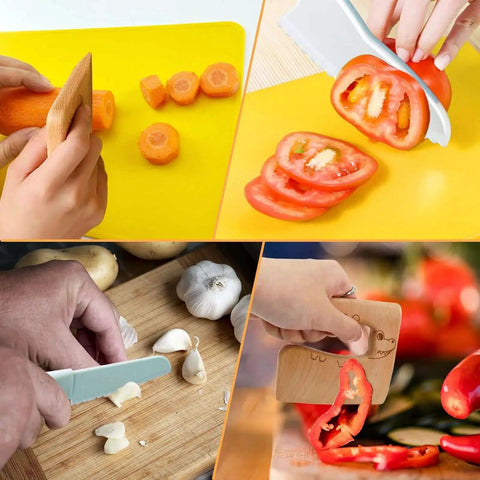 Blue Wooden Kids Knife Set 11 Pieces For Little Chefs Includes Wooden Knife Serrated Toddler Knives Crinkle Cutter Sandwich Cutters Y Peeler Cutting Board And Plastic Toddler Knife For Safe Fun Kitchen Play